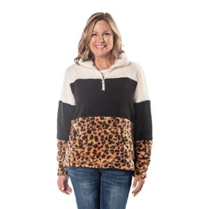 NWT Sherpa Fleece Leopard Teddy Bear Partial Zip XL Jacket